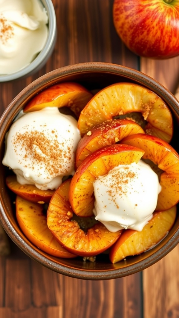 A bowl of crispy air fryer cinnamon apples with ice cream on a rustic table.